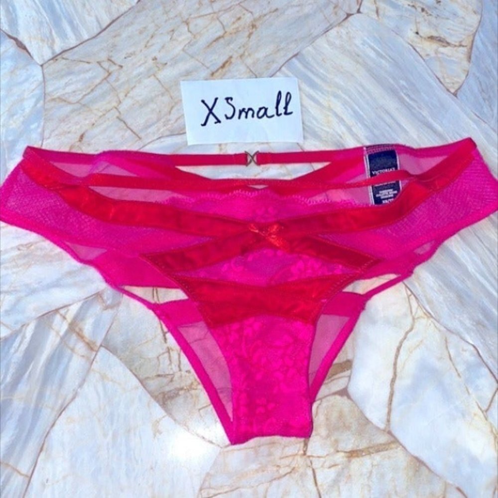XSmall VS Bikini Very Sexy Panty Bikini Strappy Fishnet Lace Mesh Pink Red